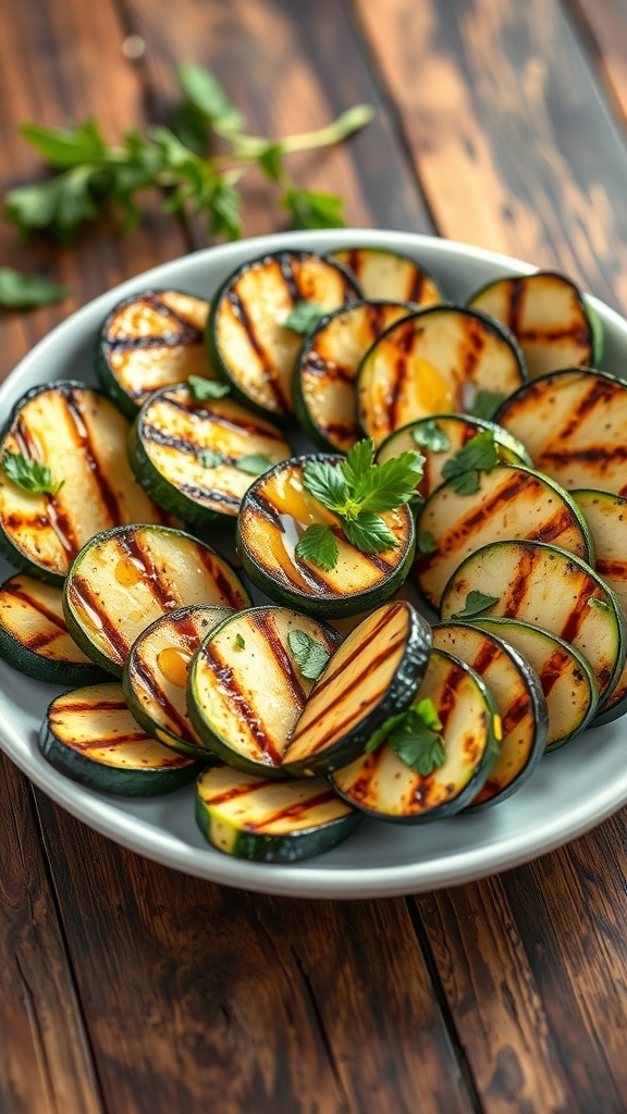 Grilled Zucchini on the Blackstone Grilled zucchini slices on a plate, garnished with herbs, showcasing grill marks on a rustic table.